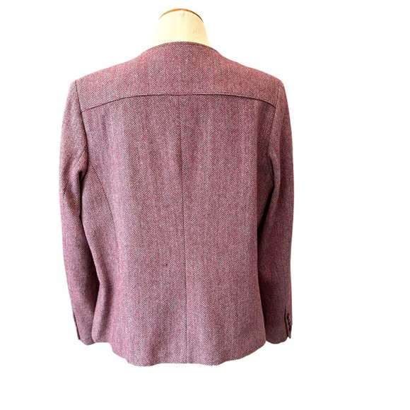 VINTAGE WOOL LADY JACKET ASTOR ONE BURGUNDY MAROON HERRINGBONE WINTER BLAZER - Picture 2 of 13